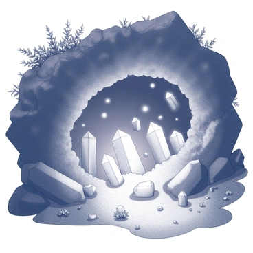 A hidden cave entrance partially obscured by dense foliage and rocks. Inside the cave, numerous large crystals emit a soft glow, illuminating the rocky walls. The crystals vary in size and shape, some sharp and others smooth, creating a sense of wonder. The atmosphere within the cave feels mysterious, with shadows casting intricate patterns on the ground. Scattered around the cave floor are small, delicate flowers that thrive in the dim light, hinting at the secrets held within this hidden space.