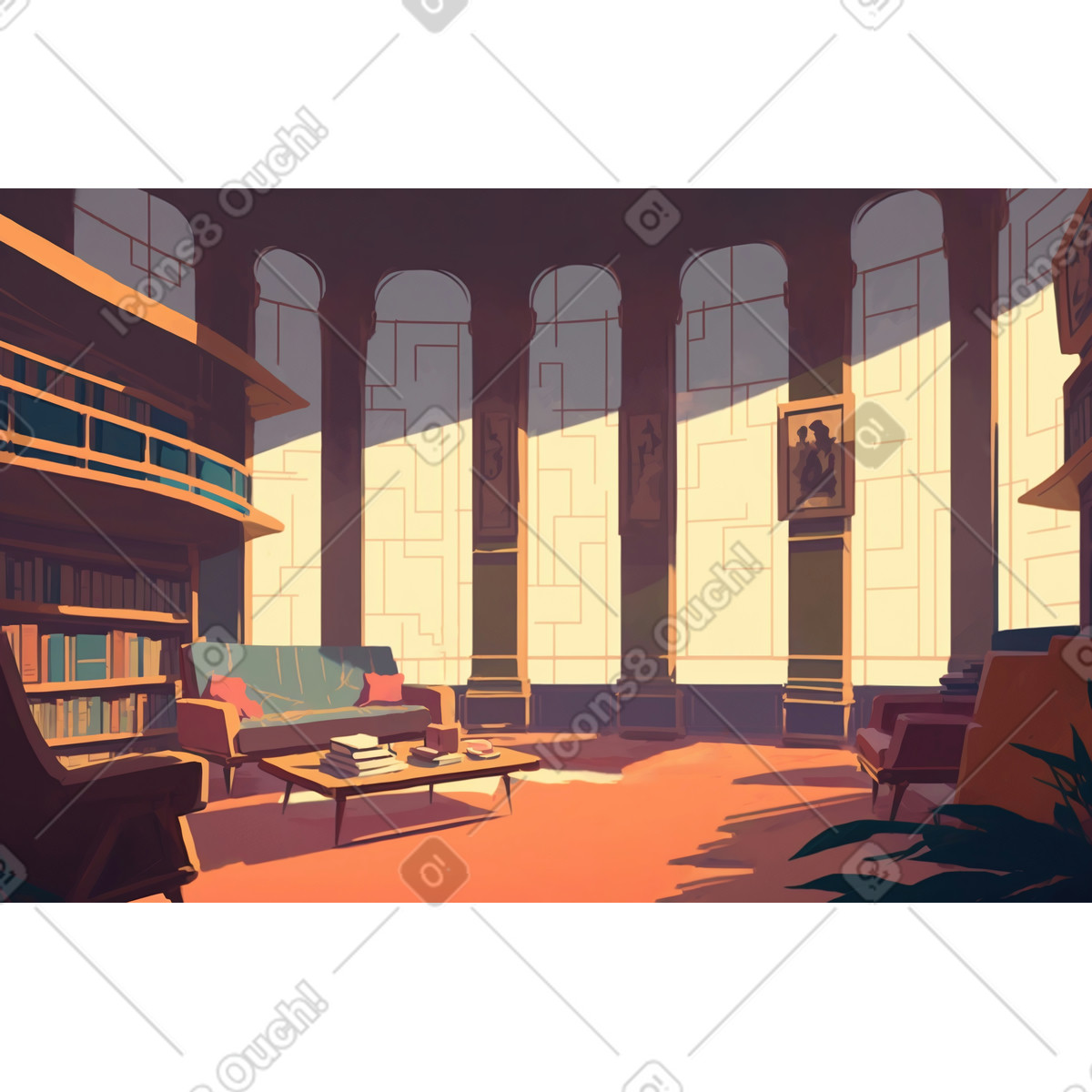 Ilustración Un lugar de trabajo con el fondo la biblioteca personal. en estilo Experimental a descargar en PNG y SVG