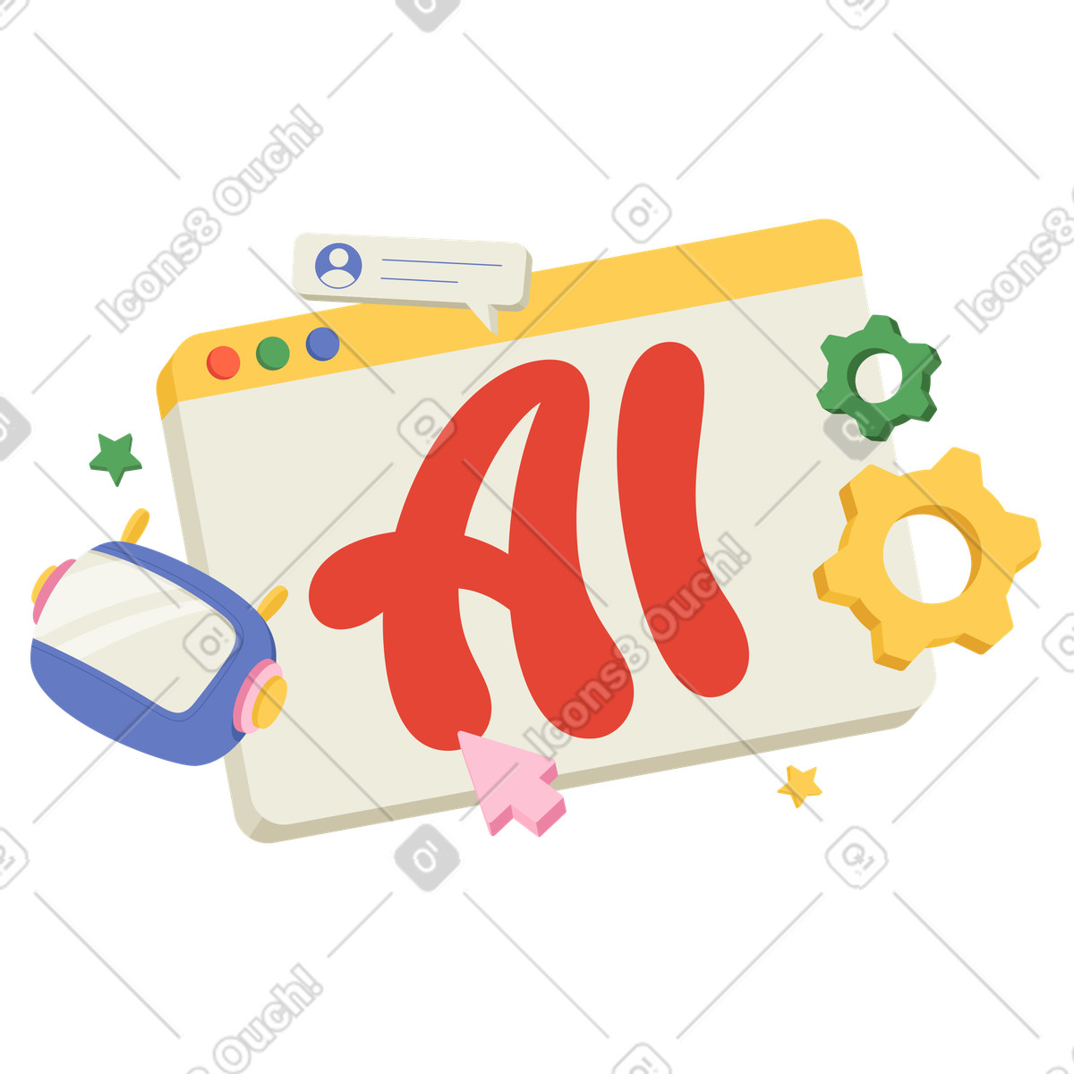 Ai lettering in digital window with robot head and gears, artificial intelligence technology illustration Social style download PNG, SVG