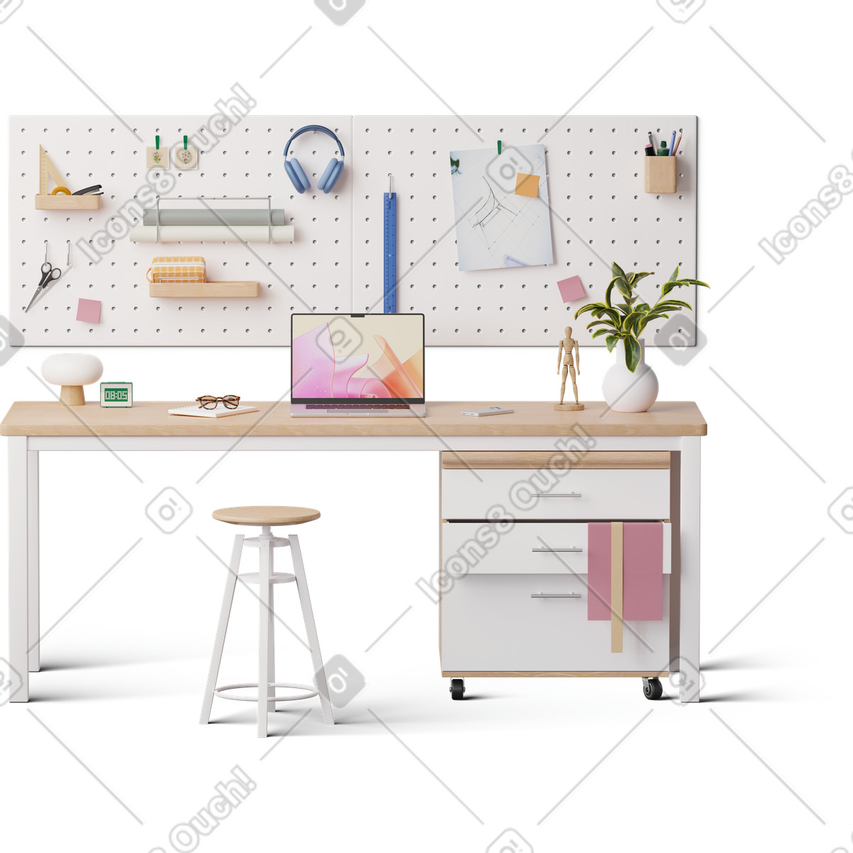 Ilustração de Front view of studio desk em no estilo 3D Hygge para baixar em PNG, SVG