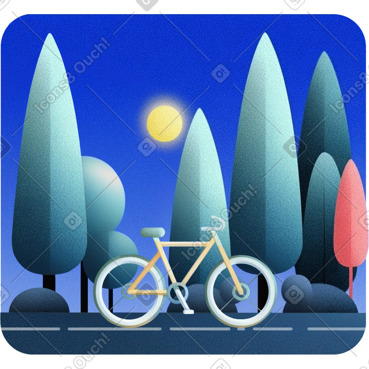 Bicycle in park with trees and sun, Eco-friendly transport sustainability illustration Grainy style download PNG, SVG