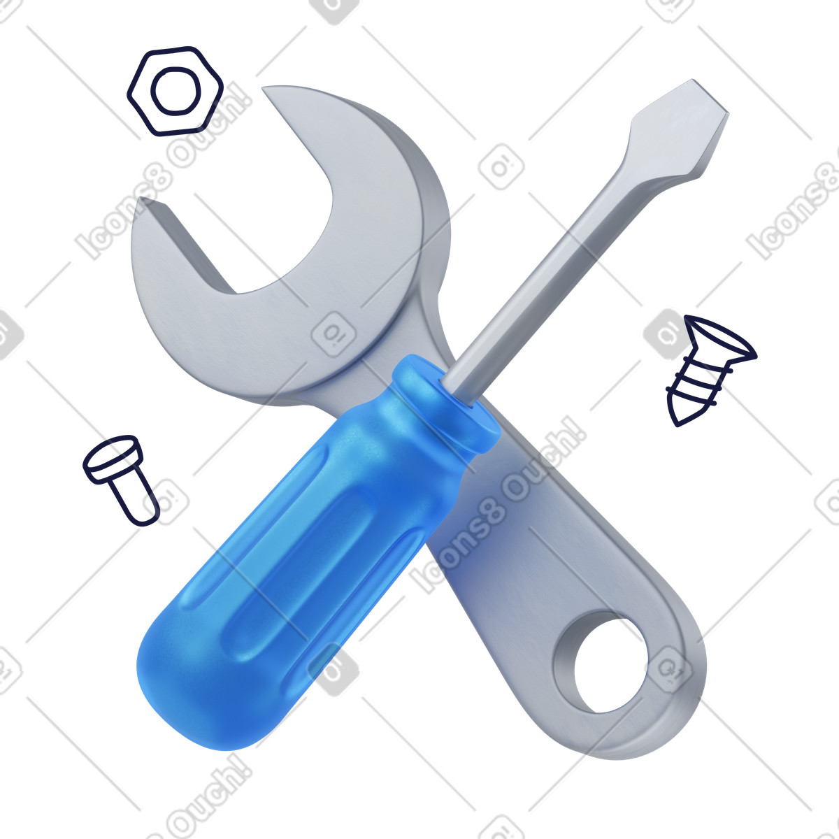 Chiave inglese e cacciavite incrociati con bulloni, strumenti di riparazione manutenzione illustrazione animata in stile 3D Surfaced scaricabile in GIF, Lottie (JSON), AE