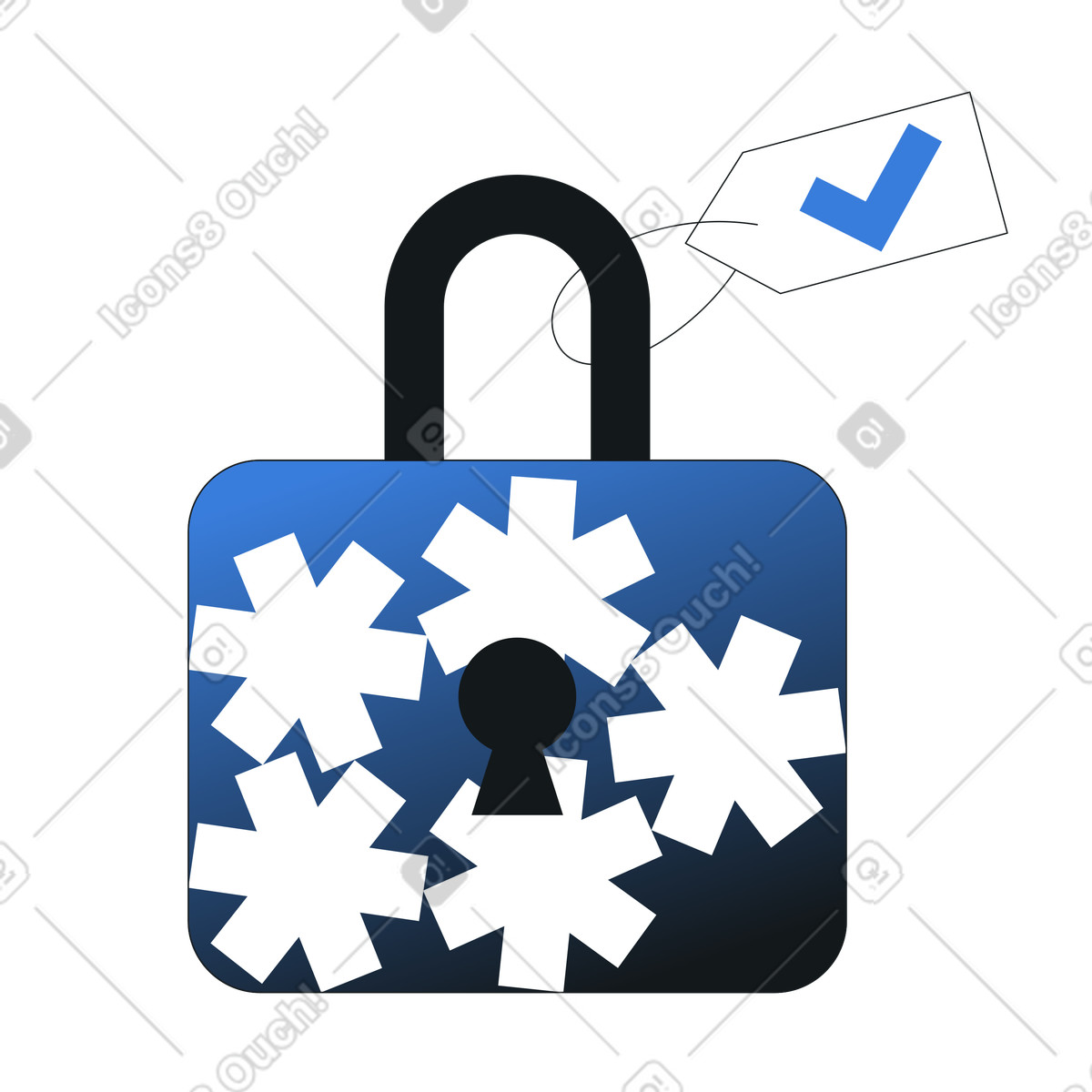 Padlock with asterisks and checkmark tag, Password security and authentication illustration in PNG, SVG