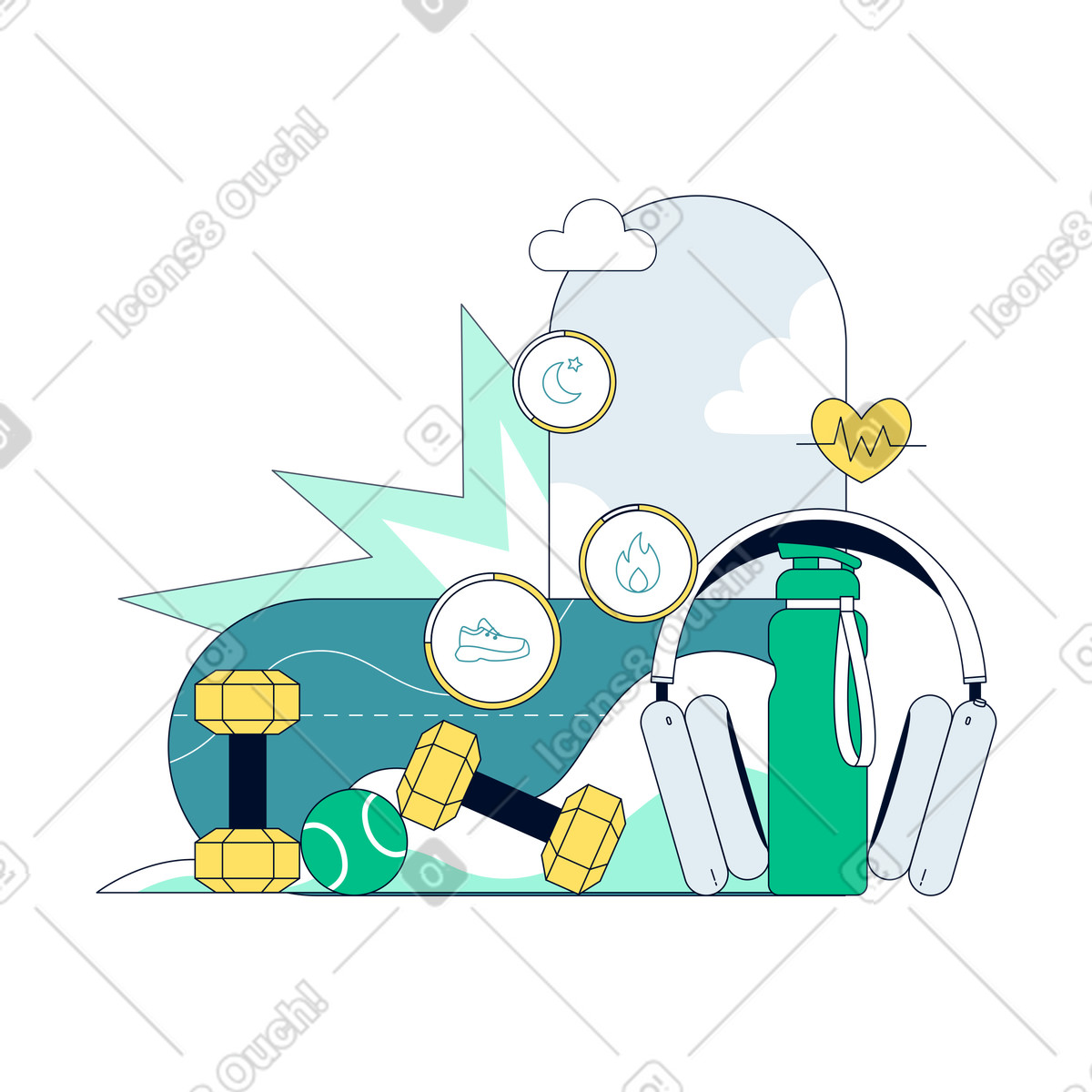 Illustration Équipement de gym, bouteille d'eau et écouteurs dans le style Teal à télécharger aux formats PNG, SVG