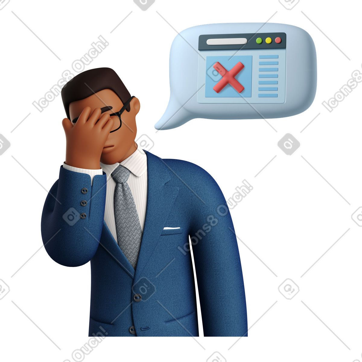 Illustration Homme d'affaires faisant face à une erreur de page introuvable dans le style 3D Business télécharger aux formats PNG, SVG