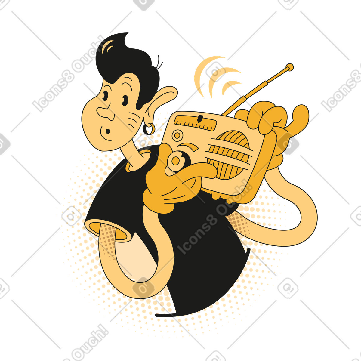 Ilustración animada Hombre sintonizando la radio en estilo Rubber a descargar en GIF, Lottie (JSON), AE