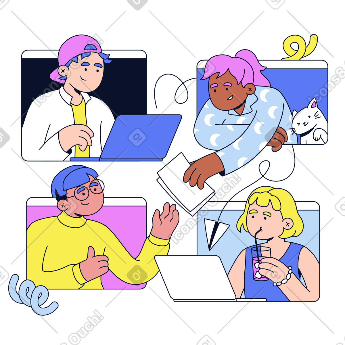 Virtual meeting with diverse coworkers, Digital brainstorming session-Illustration im Flexy-Stil als Download in PNG, SVG
