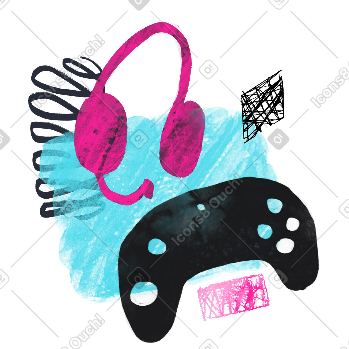 Gamepad controller and gaming headset with abstract elements illustration in Inky style download in PNG, SVG