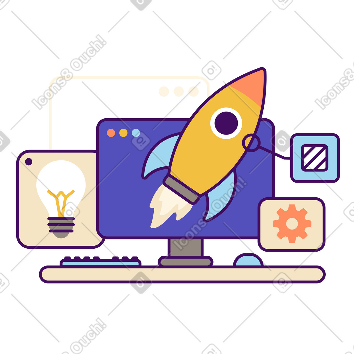 Startup rocket blasting off from computer screen, Product launch and innovation animated illustration in Simplistic style download in GIF, Lottie (JSON), AE