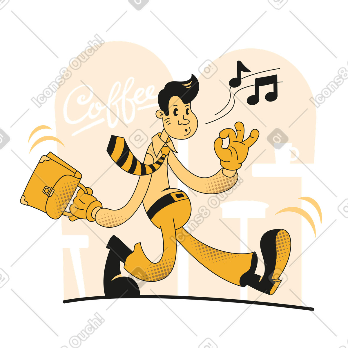 Illustration animée Homme d'affaires va travailler et siffle dans le style Rubber à télécharger aux formats GIF, Lottie (JSON), AE