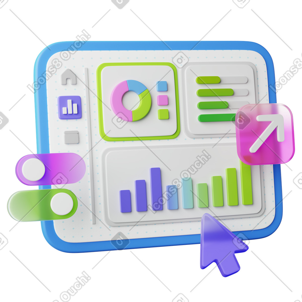 Ilustración Business data dashboard showing performance metrics charts and navigation cursor en estilo 3D Playful a descargar en PNG y SVG