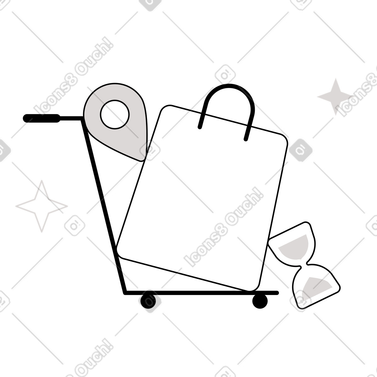 下载 Shade 风格的 Platform trolley with shopping bag, hourglass and map marker, Purchase delivery service 插画，支持 PNG、SVG 格式