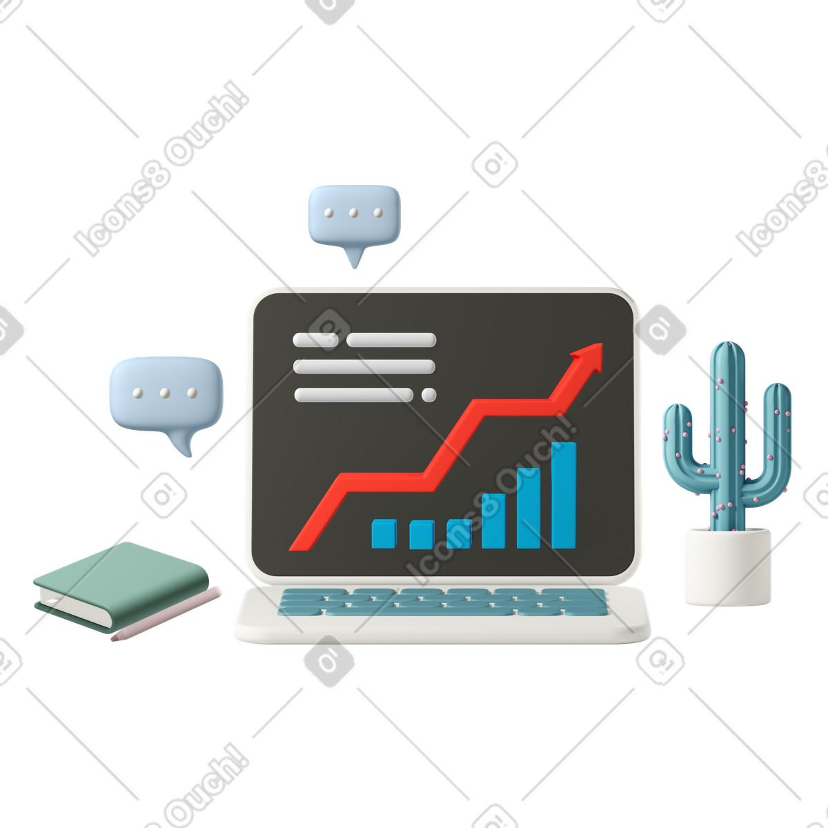 Illustration Ordinateur portable sur le lieu de travail montrant la courbe croissance dans style 3D Business à télécharger aux formats PNG, SVG