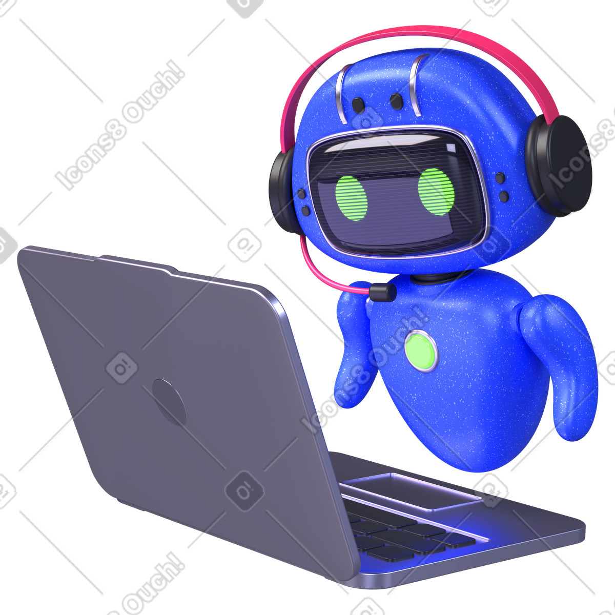 3D Boost スタイルの AI assistant in headset at laptop, Online customer support service のイラストをPNG、SVG形式でダウンロード