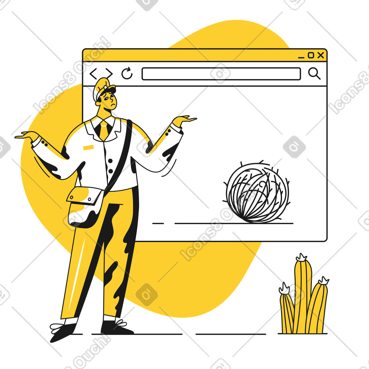 Postman and empty website page with tumbleweed illustration in Taxi style download in PNG, SVG