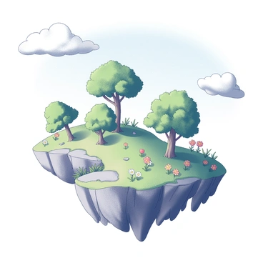 A floating island suspended in the air. The island is covered in a variety of lush green trees with thick trunks and abundant foliage. Brightly colored flowers of different shapes and sizes dot the landscape, adding visual interest. The island is shaped irregularly, with rocky edges that give it a natural appearance. Above the island, a clear blue sky stretches out, with a few fluffy white clouds scattered throughout the scene.
