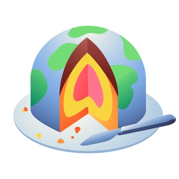 A large, round cake is displayed on a white plate, designed to resemble the Earth with a blue icing exterior and green patches symbolizing landmasses. The cake is cut open to reveal vibrant layers inside, showcasing rich colors that represent Earth's interior. The top layer is a deep brown, representing the crust, followed by a bright orange layer for the mantle, and a yellow layer for the outer core. At the center, a bold red layer represents the inner core. Crumbs are scattered around the plate, and a silver knife is resting beside the cake.