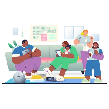 A family with a diverse composition is gathered in a living room focusing on securing their various smart devices. The father, a man with dark skin and short black hair, is bending down to install a lock on a sleek, silver smart speaker. The mother, a woman with light skin and long brown hair, is holding a tablet and reading the instructions on how to secure their smart lights. A child with curly hair is watching attentively, holding a smart security camera, while a teenage sibling is standing nearby, using a smartphone to monitor their home network settings. The living room features a large sofa, with a bright rug underneath and a few potted plants in the background. Various smart devices are placed on a coffee table, including a smart TV remote and a smart thermostat.