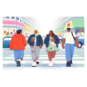 A group of four friends are crossing a busy city street. The first friend, with dark curly hair and wearing a bright red oversized jacket, is laughing as she looks back at her companions. Next to her is a friend with short blonde hair, dressed in a stylish black leather jacket, holding a phone in his hand. The third friend has long straight brown hair and is wearing a patterned dress with a denim jacket. The last friend, sporting a beanie, is in a casual white t-shirt and ripped jeans, carrying a tote bag slung over his shoulder. Traffic is bustling around them, with blurred cars and people in the background, capturing the vibrant energy of the city. The pavement has a grid pattern, and colorful storefronts line the street, enhancing the urban atmosphere.