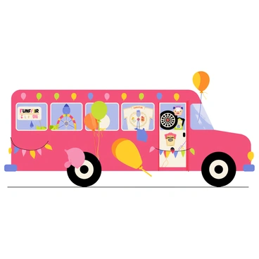A carnival-themed party bus with a bright red exterior and colorful, whimsical designs. The bus features large, oversized balloons and streamers hanging from the sides. Inside, there are various games set up, including a ring toss game with vibrant rings and a dartboard with plush prizes. Strings of colorful lights illuminate the space, adding to the festive atmosphere. There are also large posters featuring "Funfair" motifs and cartoon animals, creating a lively and inviting environment for partygoers.
