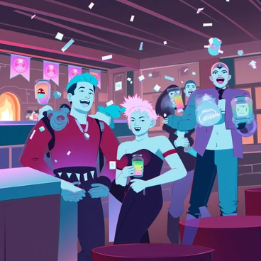 A group of "League of Legends" champions gathering in a lively tavern. In the center, "Garen" with his broad shoulders and short blue hair is laughing heartily. "Jinx," with her bright blue pigtails and wild expression, is playfully throwing confetti in the air. Nearby, "Lux" with her blonde hair and radiant smile is holding a glowing drink, while "Thresh" is leaning against the bar with his chained lantern softly illuminating his ghostly presence. The tavern is filled with wooden beams, rustic tables, and cheerful patrons enjoying their time. The atmosphere is vibrant, with colorful banners and a roaring fireplace.