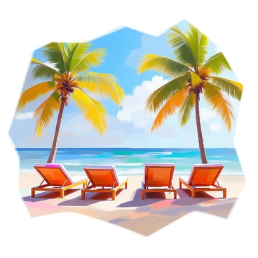 A tropical resort scene featuring several empty sun loungers arranged neatly on a sandy beach. The loungers, made of woven material with vibrant cushions, are positioned to face a calm ocean with gentle waves lapping at the shore. Lush palm trees provide shade in the background, with bright green fronds swaying lightly in the breeze. The sky above is a clear blue, with a few fluffy white clouds dotting the horizon. The tranquil ocean reflects the sunlight, creating a sparkling effect on the water's surface.