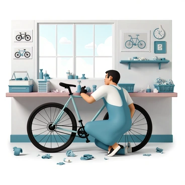 A bicycle mechanic, wearing a blue apron and black gloves, is focused on repairing a bike. The mechanic is kneeling beside a bike on a workbench, adjusting the gears with a wrench. The workshop is cluttered with various tools, spare bike parts, and grease-stained rags scattered across the surfaces. Posters of different bicycle models adorn the walls, and a large window lets in natural light, illuminating the scene. Nearby, a shelf holds bins filled with nuts and bolts, adding to the atmosphere of a busy repair shop.