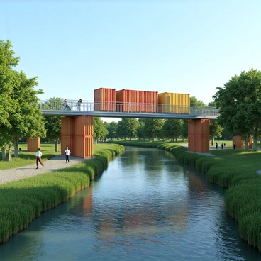 A unique pedestrian bridge constructed from multiple shipping containers, painted in bright colors, spans across a small, gently flowing river. The bridge features a modern design with containers stacked and connected, creating a sturdy walkway lined by railings. Lush greenery and trees are visible on both banks of the river, providing a natural backdrop. The water reflects the colors of the bridge, while a clear blue sky overhead enhances the scene. A few people can be seen walking on the bridge, enjoying the view.
