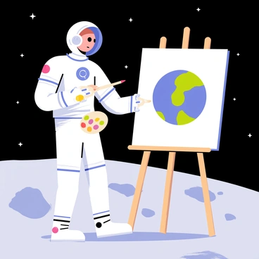 An astronaut with a white space suit and a reflective visor is standing on the gray, dusty surface of the moon. They are holding a paintbrush in one hand and a palette of vibrant colors in the other. The astronaut is focused on painting a large canvas that depicts the Earth, which appears as a blue and green sphere in the background. The sky is filled with stars, and the distant Earth is surrounded by a dark, vast space. Craters and rocky formations are visible on the moon's surface around the astronaut, creating a sense of depth and detail in the scene.