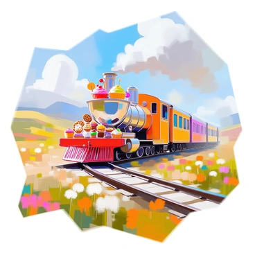 A whimsical train chugging along a bright, colorful landscape. The train consists of several vibrant carriages, with the first carriage featuring a large, ornate punch bowl filled with a fruity beverage, surrounded by an array of snacks like colorful cupcakes, cookies, and fruit skewers. The landscape is dotted with rolling hills in shades of green, scattered wildflowers in various colors, and fluffy clouds drifting in a blue sky. The train tracks curve gently through the scene, inviting viewers to imagine the journey ahead.