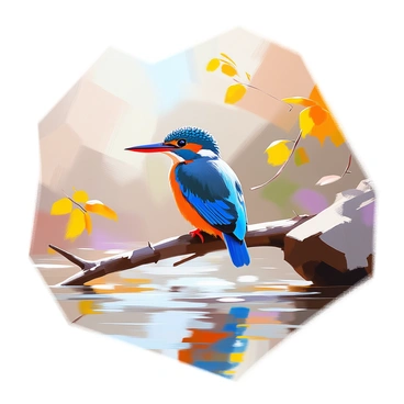 A kingfisher perched gracefully on a branch above a gently flowing river. The bird's feathers display a vivid array of colors, including bright blues, oranges, and greens, with intricate patterns that resemble natural motifs. The background features softly blurred foliage and shimmering water, enhancing the kingfisher's striking appearance. The scene captures the essence of this lively bird in a dynamic and colorful setting, emphasizing its elegance and the beauty of its natural habitat.