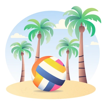 A footvolley ball is positioned on a sandy court, the ball showcasing vibrant colors with a distinct pattern. The court is bordered by fine, golden sand, which sparkles under the sunlight. In the background, several tall palm trees with lush green fronds sway gently, casting shadows on the court. The sky above is clear with a few wispy clouds, allowing bright sunlight to illuminate the scene.