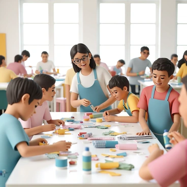 A bright community workshop filled with people of diverse ages and backgrounds actively engaged in crafting. Various tables are set up with colorful supplies made from recycled materials, such as plastic bottles, old newspapers, and fabric scraps. Participants, including a woman with glasses wearing a blue apron and a young boy in a red t-shirt, are focused on their projects, cutting, gluing, and assembling items. Some individuals are sharing ideas and laughter, creating a lively atmosphere. Natural light streams in through large windows, illuminating the vibrant colors of the crafts being created.