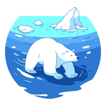A white polar bear is swimming in a deep blue ocean, its powerful limbs propelling it forward through the water. The surface of the ocean is slightly rippled, reflecting the sunlight shimmering above. In the distance, patches of ice float, some larger than others, creating a stark contrast against the blue water. The polar bear's eyes are focused ahead as it searches for a suitable piece of ice to rest upon. The scene conveys a sense of movement and purpose as the bear navigates its vast aquatic environment.