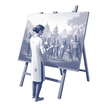 An artist is standing in front of a large canvas, engrossed in the process of recreating a historical scene from Indian mythology. The artist, wearing a traditional kurta, is holding a brush poised above the canvas, with paint splatters visible on their attire. The canvas depicts a vibrant historical scene featuring characters dressed in intricate traditional clothing, with ornate jewelry and detailed armor. In the background, there are stylized trees and temples that reflect classic Indian architecture. The atmosphere conveys a sense of focus and creativity as the artist captures the intricate details of the mythological narrative.