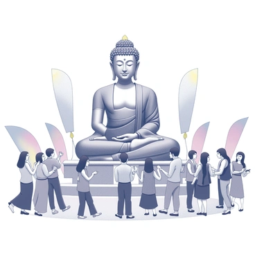 A large Buddha statue stands prominently in the center of the scene, exuding a sense of serenity. Surrounding the statue, groups of people are celebrating, some are dancing joyfully, while others are engaged in conversation, creating a lively atmosphere. Colorful decorations and banners are visible in the background, enhancing the festive environment. Various types of traditional attire worn by the participants add to the richness of the scene. Some individuals are holding offerings, and a few are capturing the moment with cameras.