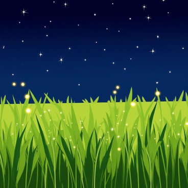 A rice field with lush green plants extending across the foreground. The field is illuminated by tiny glowing fireflies fluttering above the rice stalks. In the background, a deep blue night sky is filled with bright, twinkling stars scattered across it. The scene captures a peaceful atmosphere with the gentle sway of the rice plants in the breeze.