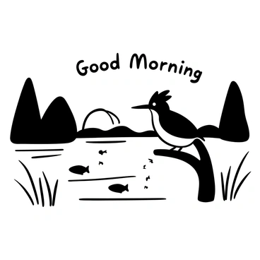 A belted kingfisher perched on a branch overhanging a calm lake, with its feathers ruffled slightly by a gentle breeze. The sun is rising in the background, casting long shadows across the water's surface. Ripples are forming as small fish swim just below, creating a dynamic interaction between the bird and its environment. The surrounding landscape features soft outlines of trees and reeds framing the scene. The words "Good Morning" are displayed above the kingfisher.