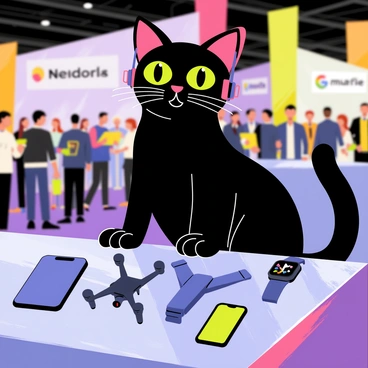 A sleek cat mascot with glossy, black fur stands confidently at a tech convention. The cat has large, bright green eyes and an animated expression, wearing a futuristic headset. In front of the cat, there are various gadgets displayed on a shiny, glass table. These gadgets include a sleek smartphone, a compact drone, and a high-tech smartwatch. Colorful banners in the background feature the latest technology logos, and a crowd of excited attendees is visible, admiring the showcased products. The overall scene conveys a lively and engaging atmosphere at the tech event.