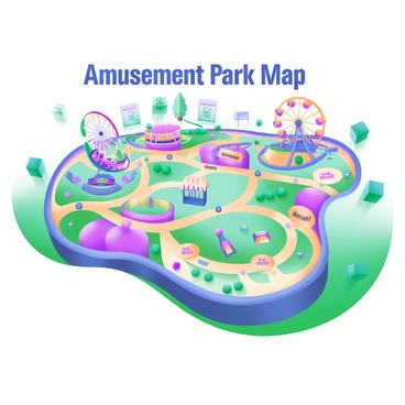 A vector map of an amusement park featuring various rides and attractions. The map includes colorful icons representing different rides, such as a roller coaster, a ferris wheel, and a merry-go-round. Pathways connect these attractions, with labeled areas for games, food stalls, and rest zones. Surrounding the attractions are trees and flower beds, adding vibrant greenery to the park. Each ride is marked with distinct colors and symbols, making it easy to navigate the park. "Amusement Park Map" is prominently displayed at the top in bold letters.
