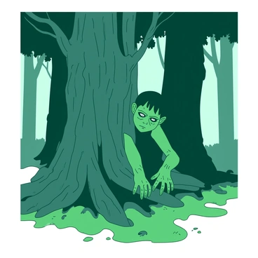 A green Frankenstein's monster with deep scars on its face is crouching among the thick, towering trees in a misty forest. The trees are tall and dark, their branches intertwining to create a canopy that filters the soft, diffused light. The ground is covered in a layer of damp leaves and moss, blending with the shadows. The monster is partially hidden behind a large, gnarled tree trunk, peering out with a cautious expression. Wisps of mist curl around the base of the trees, adding to the eerie atmosphere of the scene.