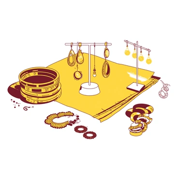 A yellow collection of accessories featuring several intricately designed bangles stacked together. Next to the bangles, there are multiple pairs of earrings suspended on a small white display stand, showcasing their detailed craftsmanship. A variety of bindis in different shapes and sizes are arranged neatly on a flat white surface, each adorned with colorful embellishments. The items are arranged to highlight their vibrant details, creating a visually appealing composition that complements a saree.