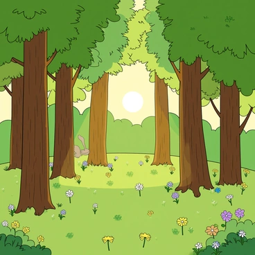 A vibrant forest filled with tall green trees standing close together. Bright sunlight breaks through the dense leaves, casting colorful patches of light onto the forest floor. Various shades of green cover the ground, interspersed with small wildflowers in yellow, purple, and white. A gentle breeze lifts a few leaves, creating a feeling of movement. There are small animals, such as a curious rabbit peeking from behind a tree and colorful birds perched on branches. The atmosphere is lively and cheerful.
