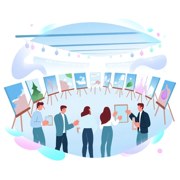 A large exhibition hall filled with colorful illustrations created by students, each displayed on individual easels. The artworks range in themes and styles, showcasing various subjects like landscapes, animals, and abstract designs. In the foreground, a group of judges is examining the illustrations, taking notes and discussing the pieces. Bright lights illuminate the space, creating a vibrant atmosphere. Banners hang from the ceiling, announcing the "Art Competition" above the display area.