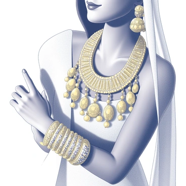 A close-up view of a Pakistani bride's jewelry showcasing her intricate gold adornments. The image highlights several bangles stacked on her wrist, reflecting elaborate patterns and designs. Large, ornate earrings dangle gracefully from her earlobes, intricately detailed with fine craftsmanship. A statement necklace adorns her neck, featuring elaborate motifs and gemstones embedded in the gold. The bride's skin is visible, adding warmth to the luxurious golden hues of the jewelry. The focus captures the meticulous details of each piece, emphasizing the richness and cultural significance of her accessories.