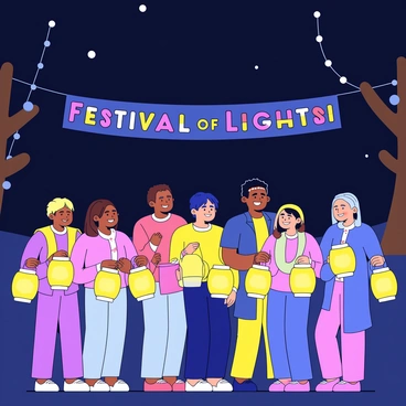 A group of people standing together, each holding a glowing lantern. The lanterns emit warm yellow light, illuminating their faces with a soft glow. The individuals are dressed in traditional clothing, with various colors and patterns reflecting the festive atmosphere. They are in a park setting, with trees in the background and twinkling lights strung above them. The night sky is dark, contrasting with the bright lanterns and creating a serene ambiance. In the distance, a large banner reads "Festival of Lights" in colorful letters.