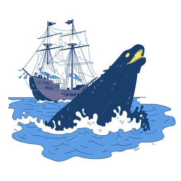 A giant sea monster with dark scales is emerging from the depths of the ocean. Its eyes are glowing a bright yellow as it breaks through the surface of the water, creating large splashes around it. In the background, a weathered pirate ship is sailing through the waves, its sails billowing in the wind. The ship is adorned with tattered flags, and the crew can be seen on deck, looking in awe at the massive creature. The scene is filled with a sense of adventure and danger as the two elements interact on the tumultuous sea.