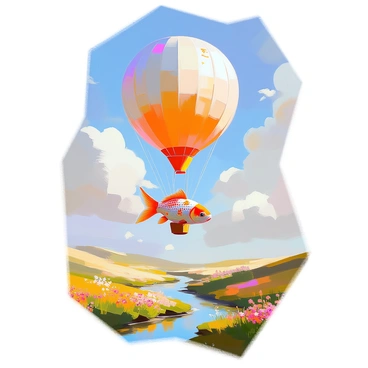 A vibrant goldfish with shimmering orange and gold scales is suspended from a colorful balloon that is lifting it gently into the sky. The balloon is round and bright, featuring a pattern of whimsical stars and clouds. The goldfish is gracefully swimming in the air, its fins splayed elegantly as it ascends. Below, a sprawling landscape can be seen, with green fields, patches of flowers, and a winding river reflecting the sunlight. The sky is a brilliant blue, dotted with soft, white clouds, creating a cheerful and whimsical scene.