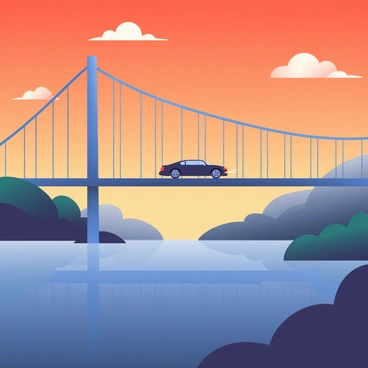 A silhouette of a sleek car is crossing a large suspension bridge at twilight. The bridge features towering vertical cables and a wide roadway, stretching across a deep blue river below. The sky is transitioning from bright orange to deep indigo, with scattered clouds gently illuminated by the fading light. The car is positioned towards the center of the bridge, with its headlights off, blending into the darkening landscape. The reflections of the bridge and the car can be seen faintly on the water’s surface, adding depth to the scene.