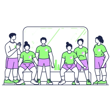 A sports team is positioned in a training facility, executing synchronized squats in unison. The athletes wear matching uniforms, with shorts and jerseys, each displaying a team logo on the front. They are arranged in two rows, facing forward, with their knees bent at a right angle while lowering their bodies. Each team member has an intense expression of focus. Behind them, there is a large mirror reflecting their movements, and the floor is marked with lines indicating their training area. A coach stands off to the side, clapping and encouraging the team.